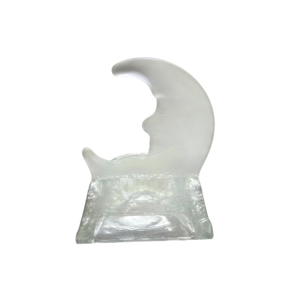 Vintage Frosted Glass Crescent Man in the Moon Star Votive Candle Holder Y2K 90s